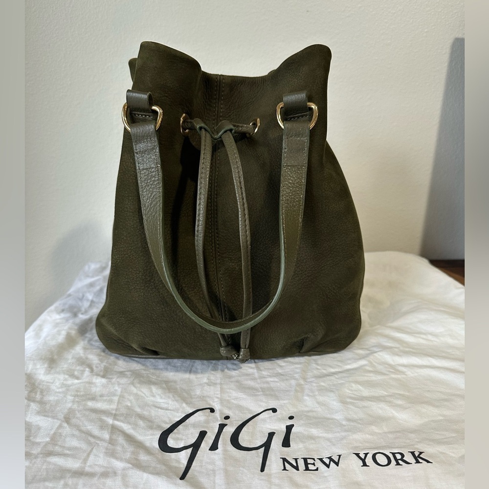GiGi New York Dark Green suede leather Shoulder bucket Bag